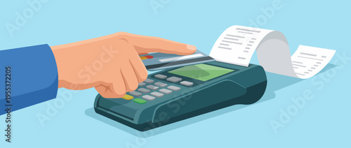 A hand holding a credit card as it is being scanned at a payment terminal, capturing the essence of modern financial transactions with technology integration.