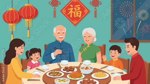 A happy family gathered around a table enjoying a traditional meal, celebrating togetherness and culture, enhanced with festive decorations and a warm atmosphere.