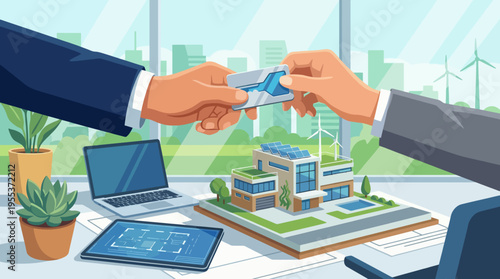 Two hands exchanging a business card in an office setting, emphasizing collaboration and investment in sustainable architecture with a model building in focus.