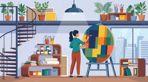 A dedicated artist showcases creativity in a cozy studio, surrounded by vibrant colors and plants, inspired while painting on an easel, capturing artistic passion in action.