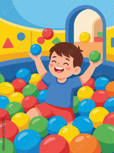 A cheerful boy enjoys playtime in a vibrant ball pit, surrounded by colorful spheres, expressing the pure joy and excitement of childhood in a fun, playful environment.