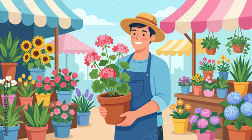 A cheerful florist smiles while holding a beautiful potted flower, surrounded by vibrant blooms in a market, showcasing the beauty of nature and the joy of gardening.