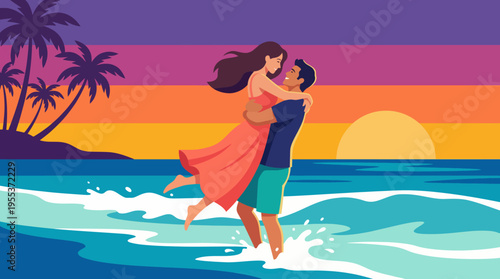 A romantic couple shares an embrace at the beach during sunset, surrounded by ocean waves, capturing the beauty of love and connection in a breathtaking natural setting.