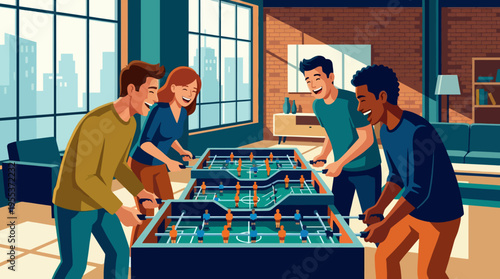 A lively scene of friends enjoying a foosball match in a modern living space with large windows and a vibrant atmosphere filled with laughter and competition.