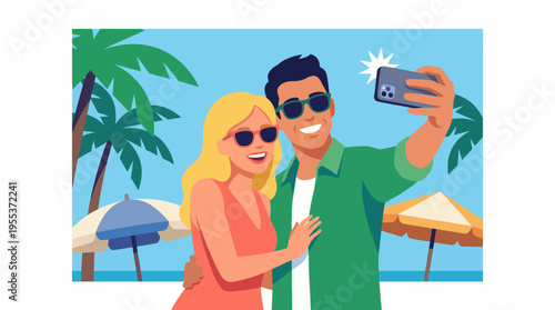 A cheerful couple capturing a selfie on a sunny beach, conveying joy and romance amidst swaying palms and beach umbrellas, showcasing a perfect vacation vibe.