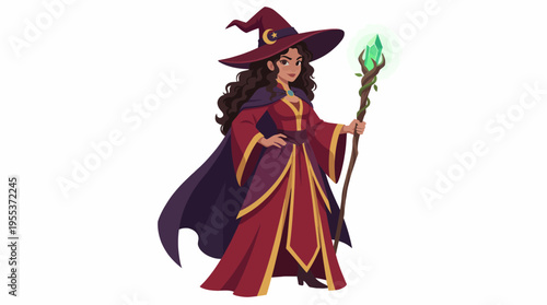 A captivating depiction of a young witch adorned in a vibrant robe and a pointed hat, embodying enchantment and magic through her mystical appearance and glowing staff.