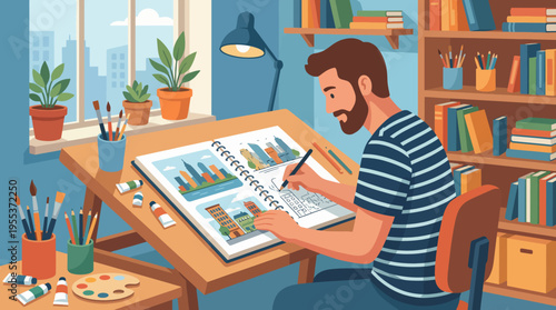 A creative artist is seen sketching cityscapes from a bright, cozy studio filled with plants, paints, and books, capturing urban life with enthusiasm and focus.
