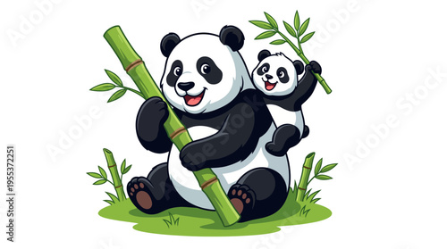 A heartwarming illustration of a panda family, including a mother and her playful cub, enjoying bamboo in a cheerful, colorful environment that brings joy and cuteness.