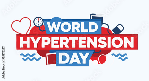 World Hypertension Day awareness banner in red and blue colors with medical icons for health campaign