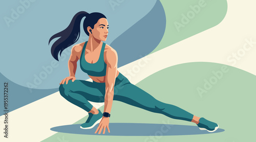 An athletic woman demonstrates flexibility and strength while stretching in stylish activewear, embodying health, fitness, and determination in a modern, artistic style.