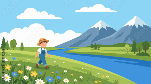A young boy wearing overalls is joyfully walking through a picturesque landscape filled with flowers, mountains, and a serene river, capturing the essence of childhood exploration.