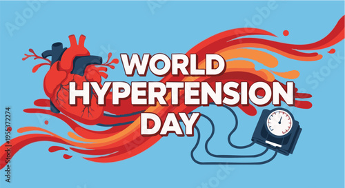 World Hypertension Day awareness banner with blood pressure gauge in bold red and orange illustration for health campaign