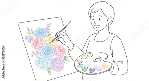 Woman painting flowers on canvas.