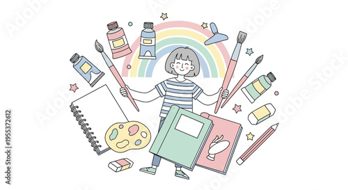 Girl with art supplies and books.