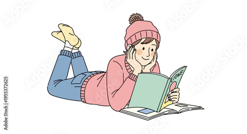Woman wearing pink hat reading book.