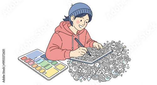 Woman drawing on digital tablet with stylus.