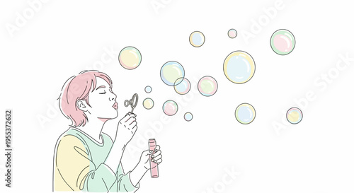 Woman Blowing Bubbles with Wand.