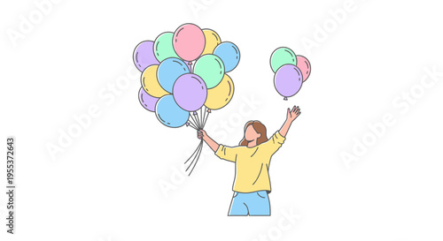 Happy child holding colorful balloons high.
