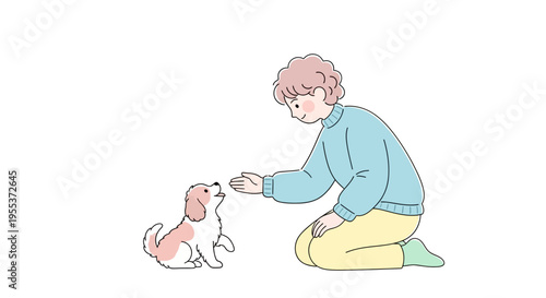 Woman kneeling and petting dog.