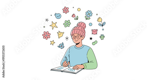 Woman with pink hair thinking creatively.