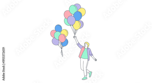 Man holding colorful balloons in air.