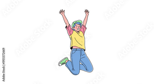 Young man jumping with arms raised.