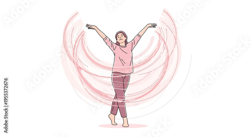 Woman with arms up in pink.