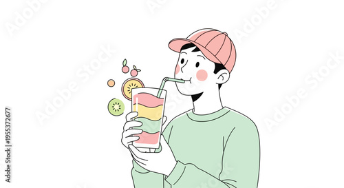 Man drinking a colorful cocktail.