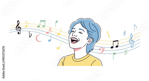 Young Woman Singing with Musical Notes.