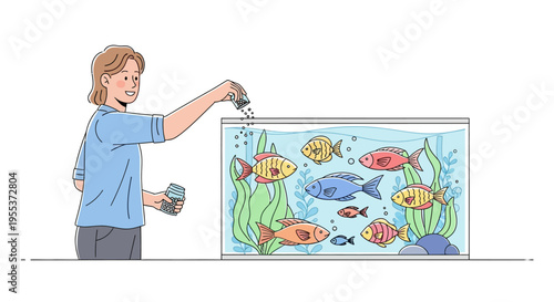 Woman Feeding Colorful Fish Aquarium.