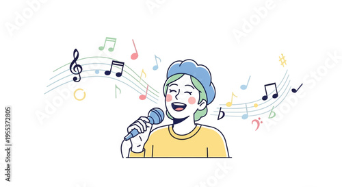 Young Man Singing with Microphone.