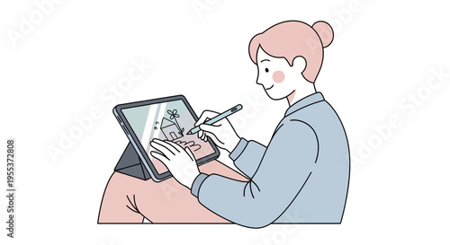 Woman using digital drawing tablet device.
