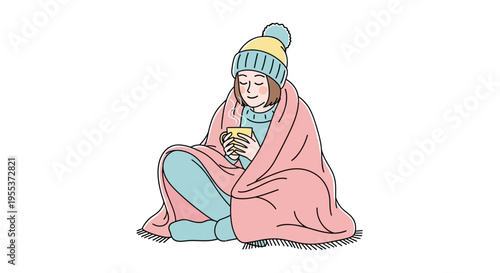 Woman wrapped in blanket sitting down.