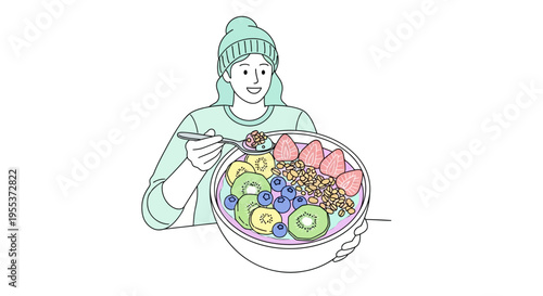 Woman holding bowl of colorful cereal.