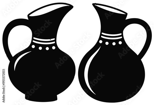 A minimalist black and white graphic illustration featuring two stylized ceramic water pitchers isolated on white background, Vector, illustration