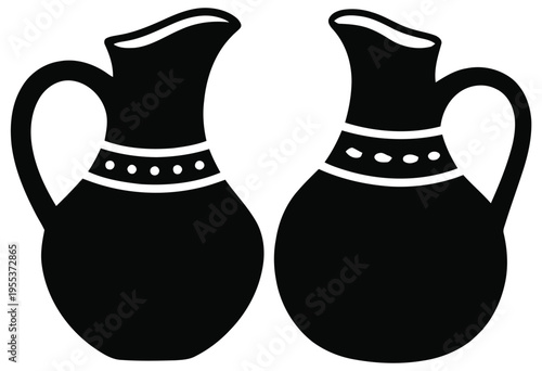 Two identical black silhouettes of classic ceramic pitchers with decorative white dotted bands isolated on white background, Vector, illustration