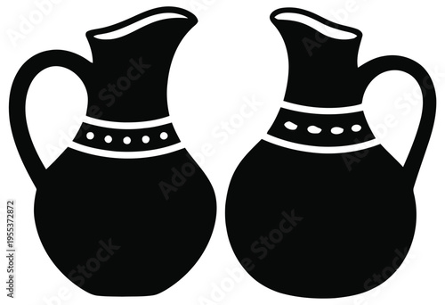 A minimalist black and white graphic illustration featuring two identical decorative clay pitchers isolated on white background, Vector, illustration