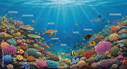 Educational Coral Reef Ecosystem Illustration with Labeled Marine Life