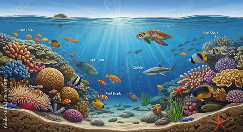 Vibrant Coral Reef Ecosystem Illustration with Marine Life