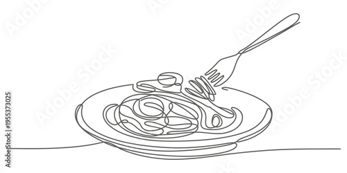 A continuous line drawing of a plate of spaghetti being twisted by a fork on a white background Vector, illustration