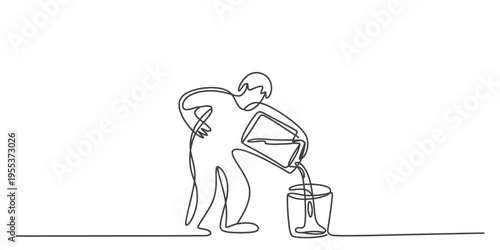 A continuous line drawing of a person pouring liquid from a bucket into another container below Vector, illustration