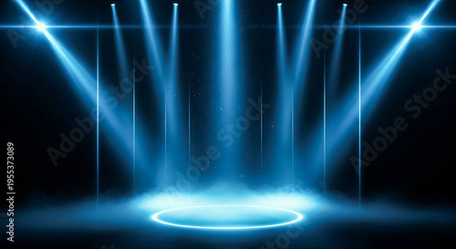A blue-lit stage with spotlights shining down on it