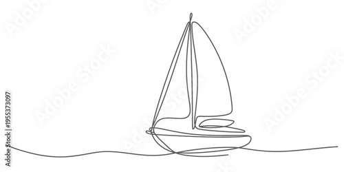 Minimalist continuous line drawing of a sailing boat floating gently on a calm ocean water surface Vector, illustration