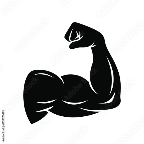A bold black silhouette icon of a flexed human arm representing strength and physical fitness power isolated on white background, Vector, illustration