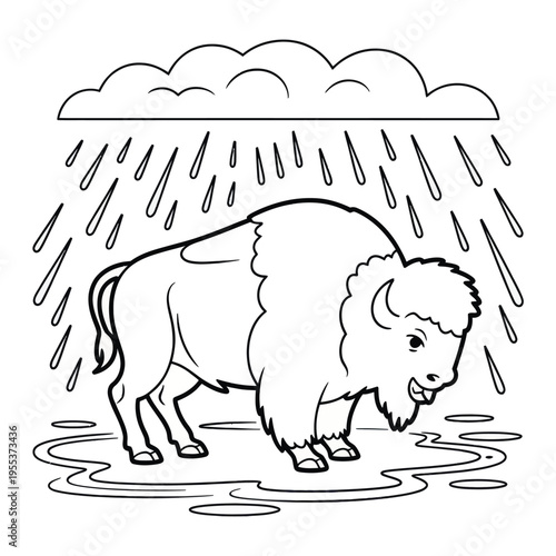 A cute cartoon bison standing in a puddle under a large rain cloud for children to color at home isolated on white background, Vector, illustration
