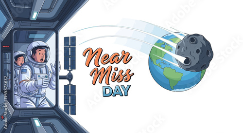 Illustration of astronauts in a spaceship watching a near miss asteroid flyby Earth on Near Miss Day with a planetary defense concept.