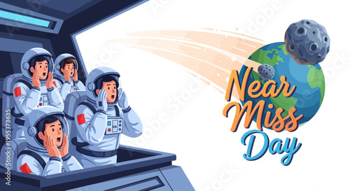 Illustration of astronauts in a spaceship looking concerned as a meteor passes by Earth on Near Miss Day with a planetary defense concept.