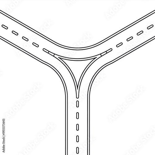 A minimalist black and white line art illustration of a three way road intersection junction isolated on white background, Vector, illustration