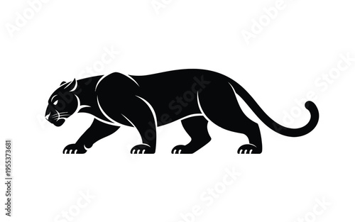 A minimalist black silhouette of a stalking panther isolated on a clean white background design isolated on white background, Vector, illustration