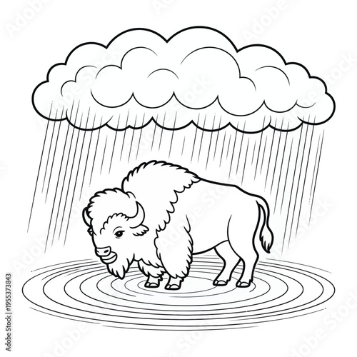 A cute cartoon bison standing in a puddle under a rain cloud for children to color and enjoy art isolated on white background, Vector, illustration